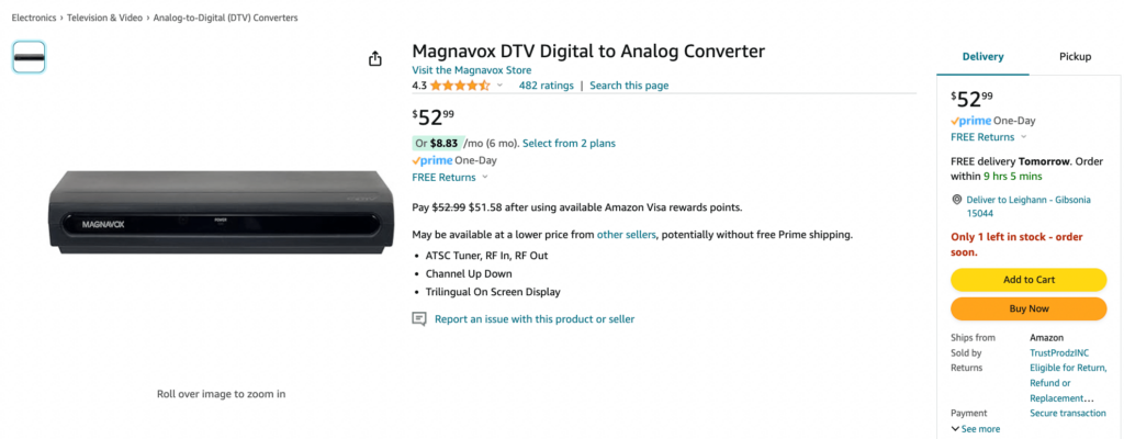Free cable from Magnavox DTV Digital to Analog Converter.