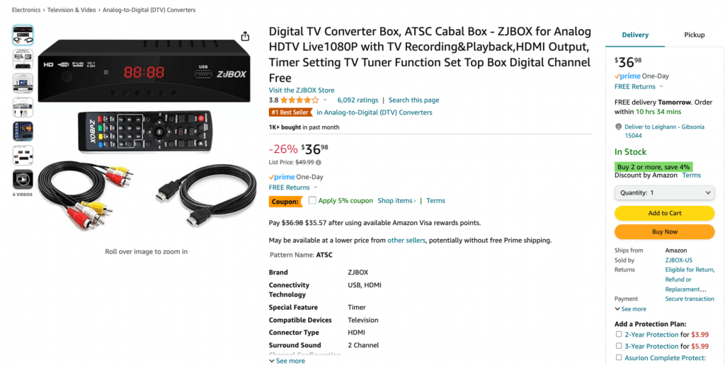 Free cable from ZJBOX Digital TV Converter Box.