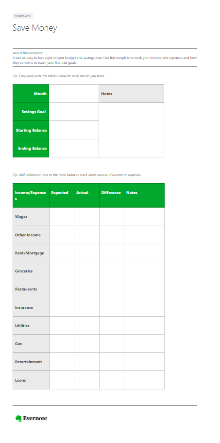 Free printable budgets from Evernote.