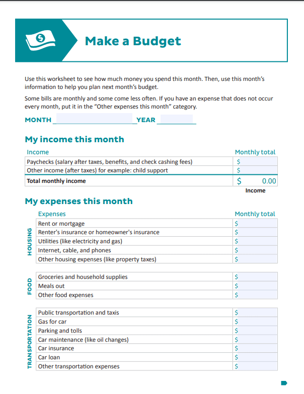 Free printable budgets from the Federal Trade Commission.