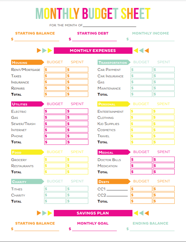 Free printable budgets from the Printable Crush.