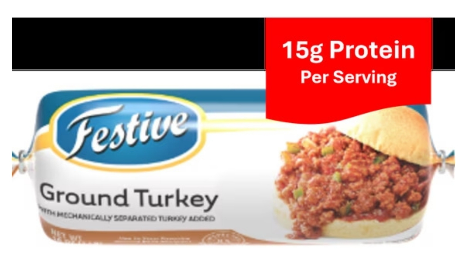 Festive ground turkey one-pound roll with red protein label