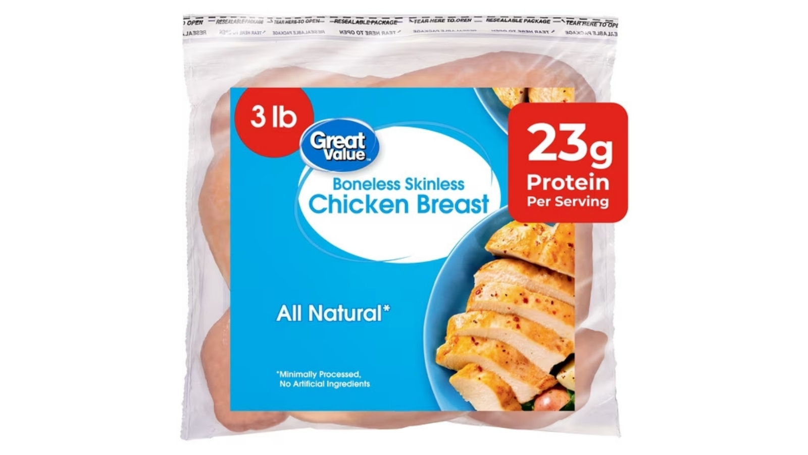 Great Value boneless skinless chicken breasts in a three-pound frozen bag