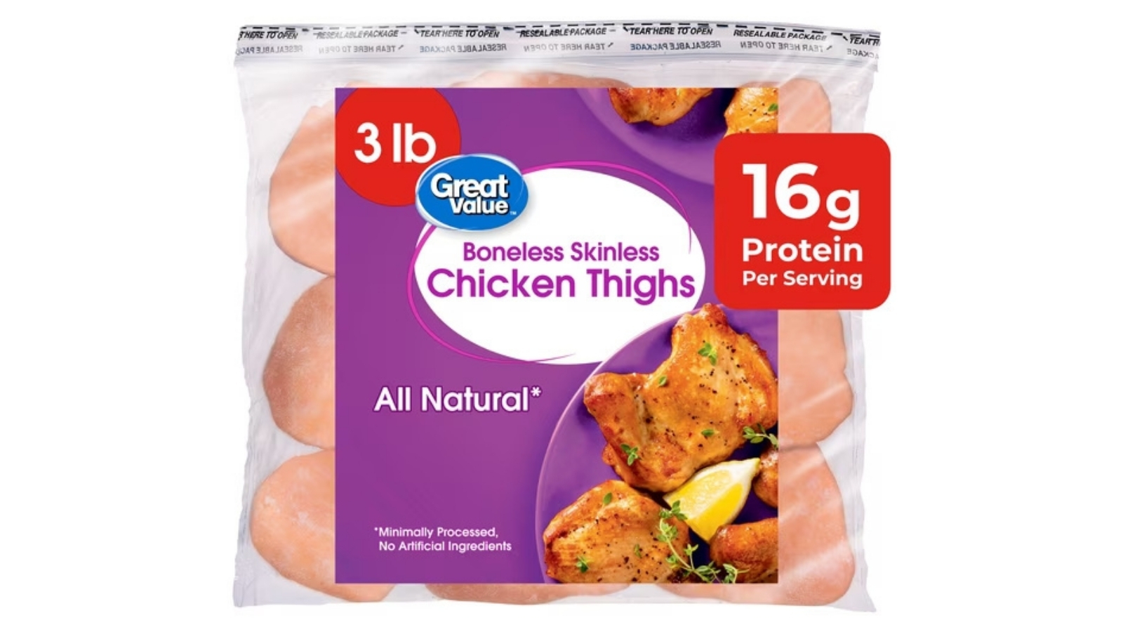 Great Value boneless skinless chicken thighs in a three-pound frozen bag