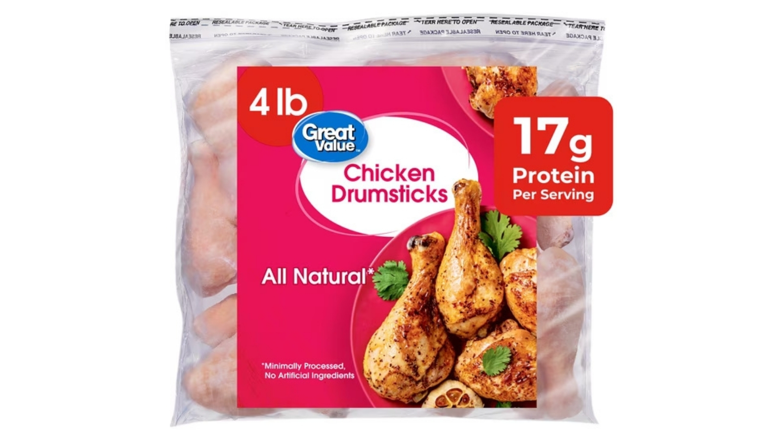 Great Value chicken drumsticks in a four-pound frozen bag
