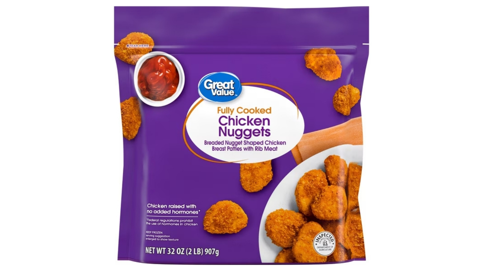Purple Great Value fully cooked chicken nuggets 32-ounce bag