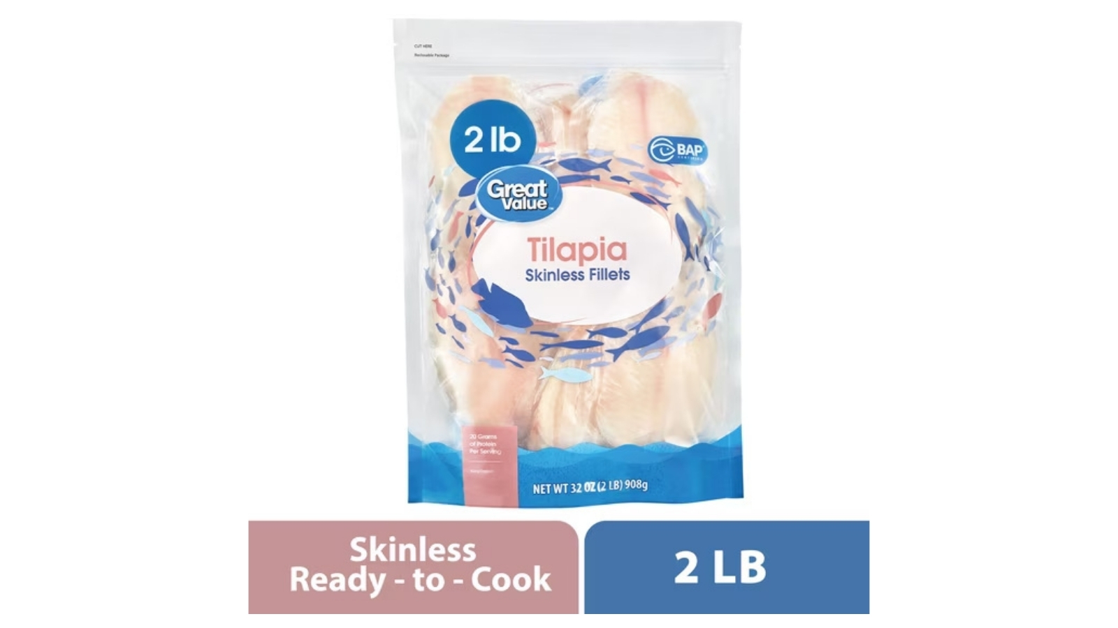 Great Value frozen tilapia skinless fillets in a two-pound bag