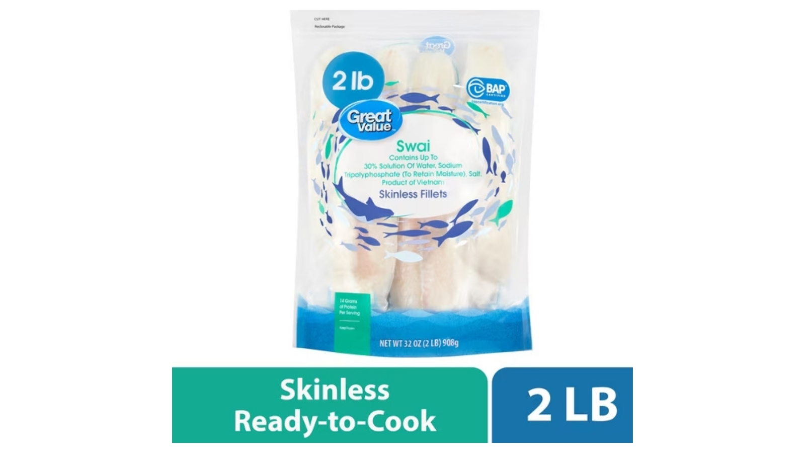 Great Value frozen swai skinless fillets in a two-pound bag