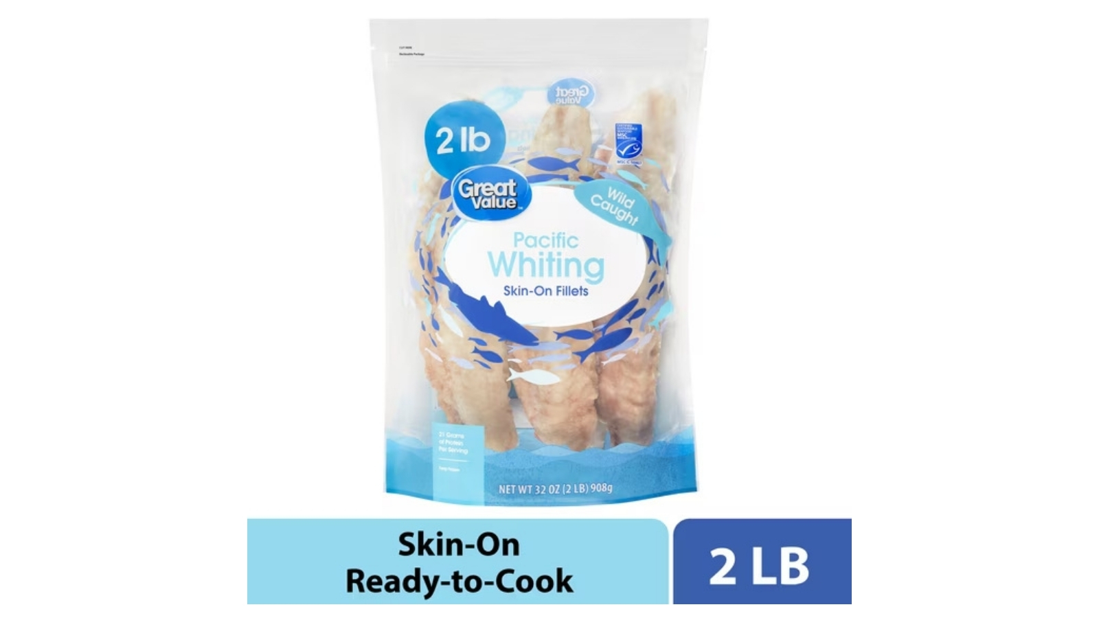Great Value Pacific whiting skin-on fillets in a two-pound bag