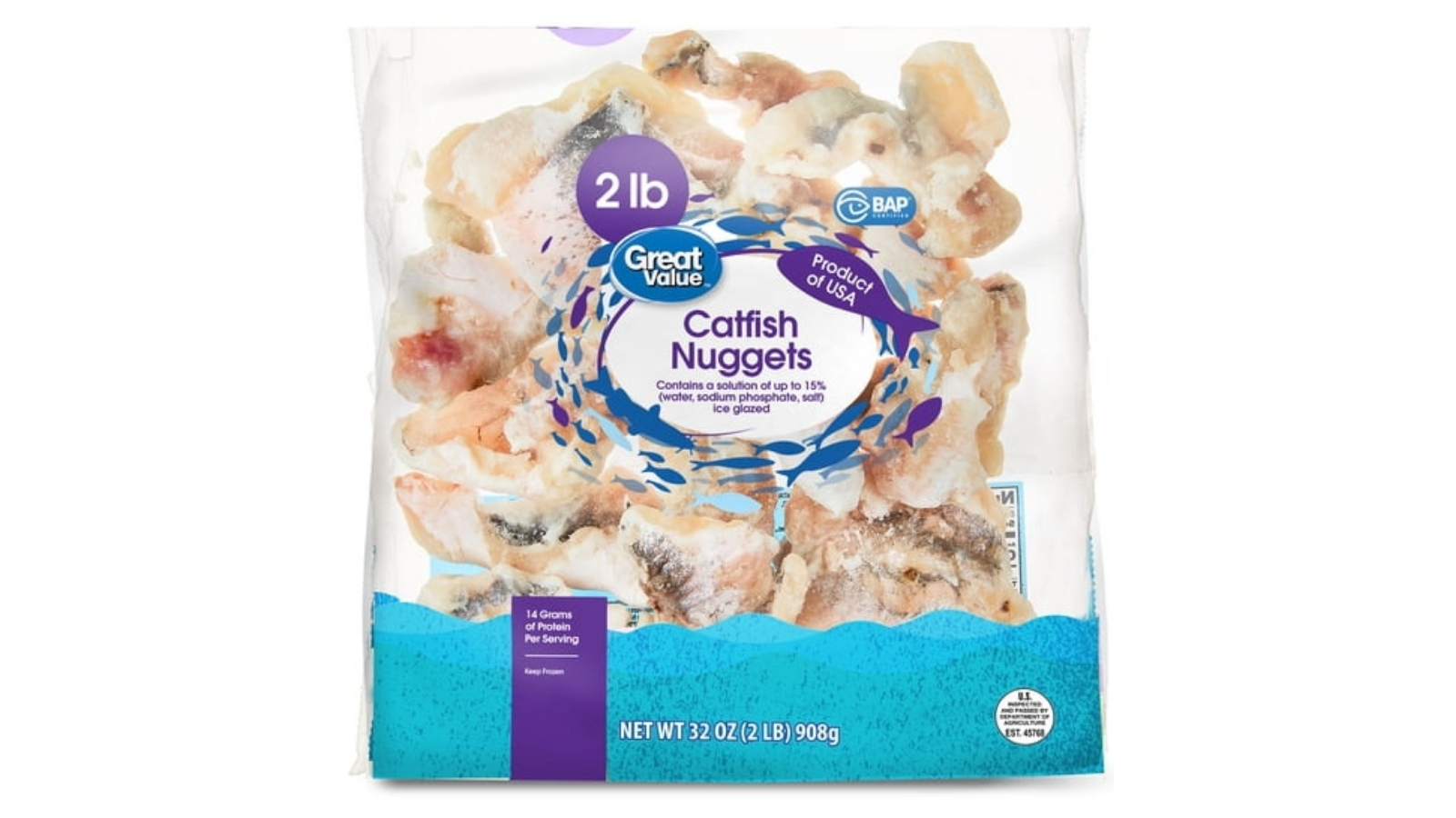 Great Value 2-pound frozen catfish nuggets bag with purple and blue label