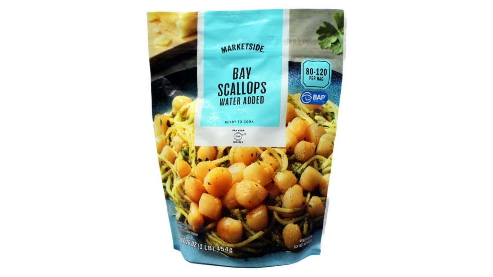 Marketside raw bay scallops in a one-pound bag with turquoise label