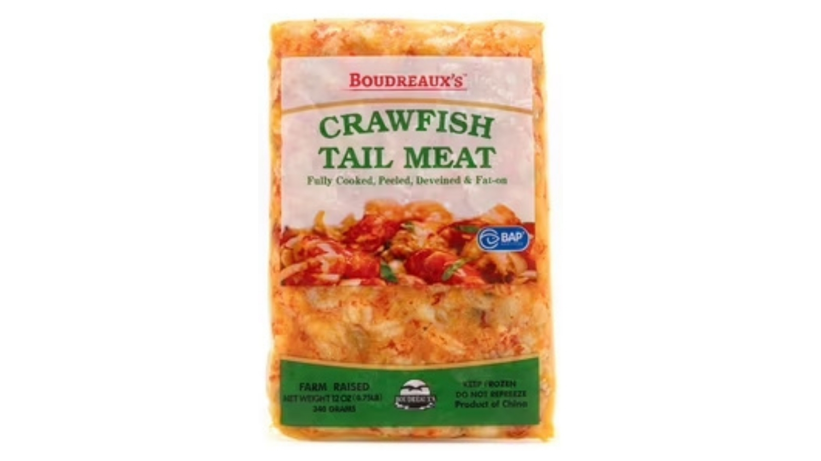 Boudreaux’s crawfish tail meat in a 12-ounce frozen package
