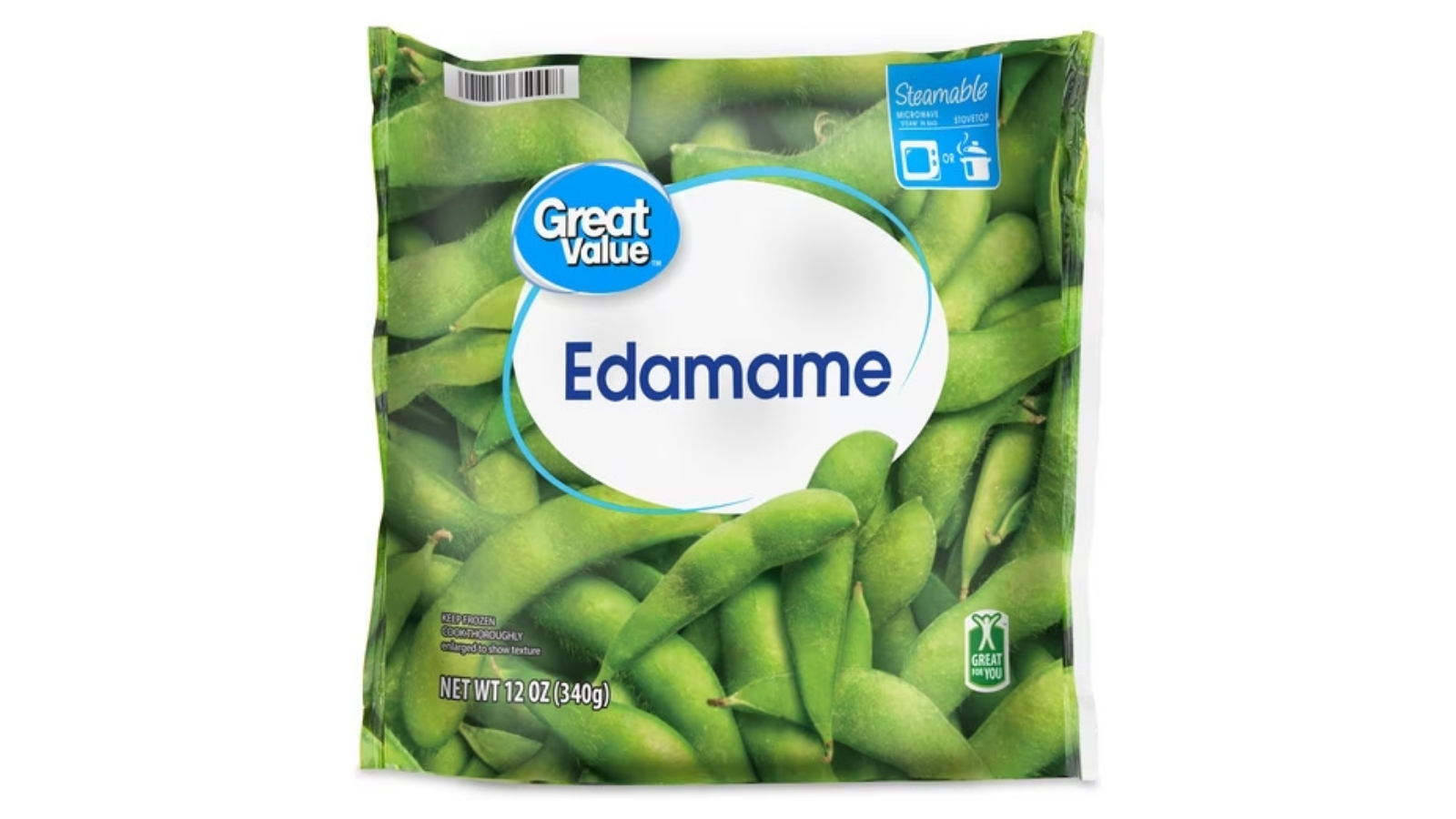 Great Value frozen edamame in a 12-ounce bag