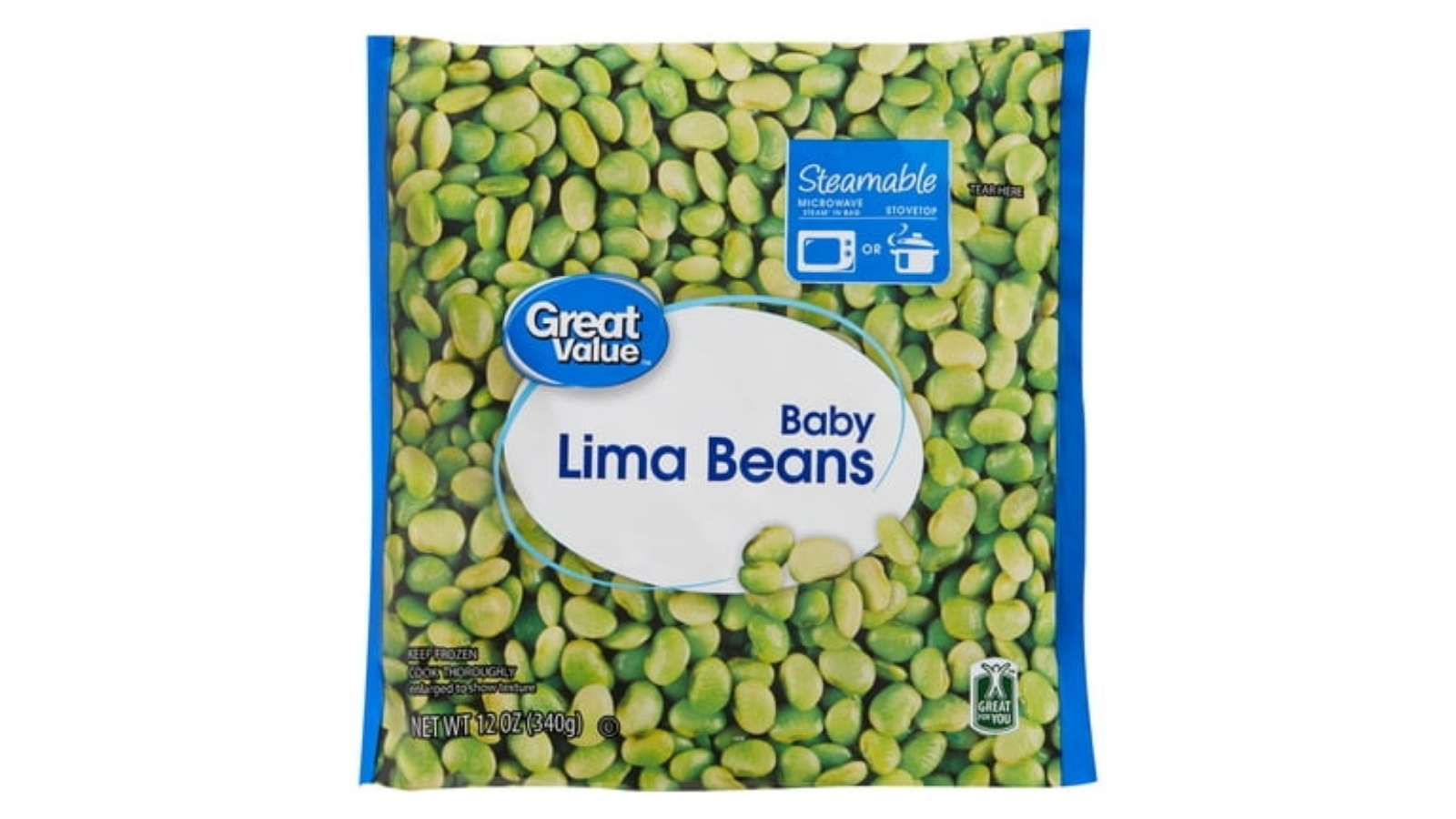 Great Value frozen baby lima beans in a 12-ounce steamable bag
