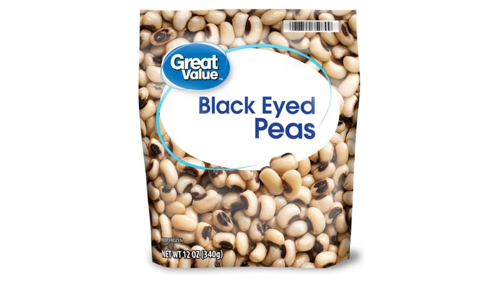 Great Value frozen black eyed peas in a 12-ounce bag
