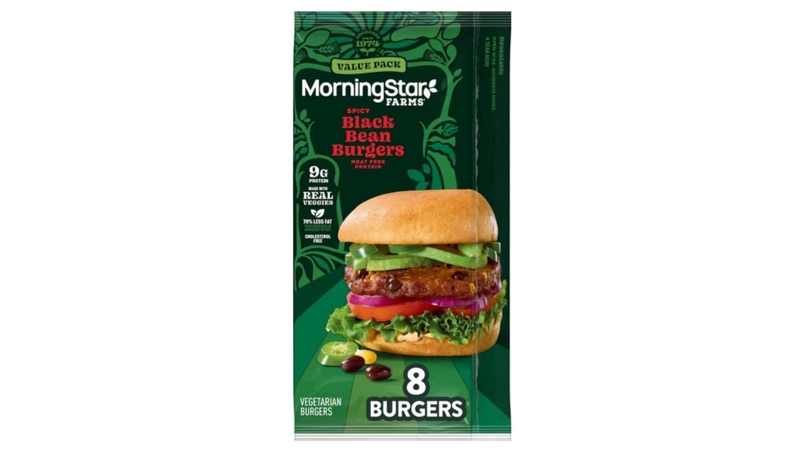 Green MorningStar Farms Spicy Black Bean Burgers box containing eight vegetarian burgers