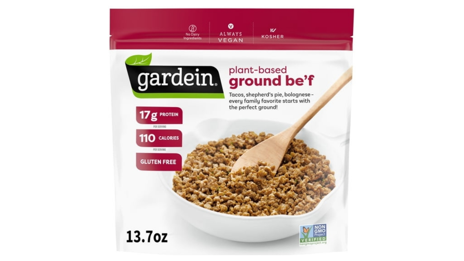 Gardein plant-based ground be’f in a white 13.7-ounce bag with burgundy top