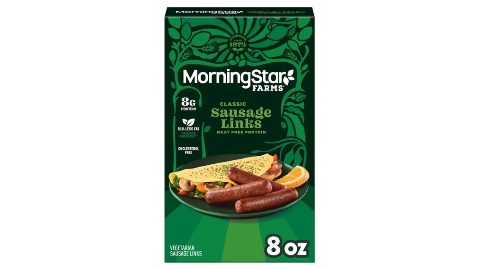 Green 8-ounce MorningStar Farms Classic Sausage Links vegetarian sausage box