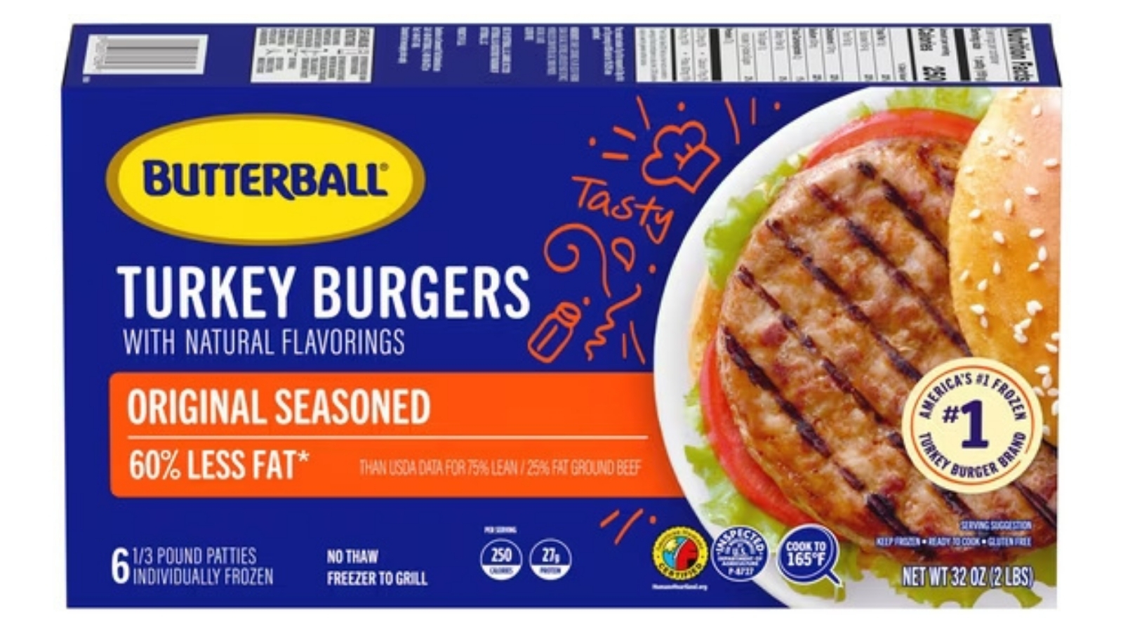 Blue Butterball Original Seasoned turkey burgers box containing six one-third-pound patties
