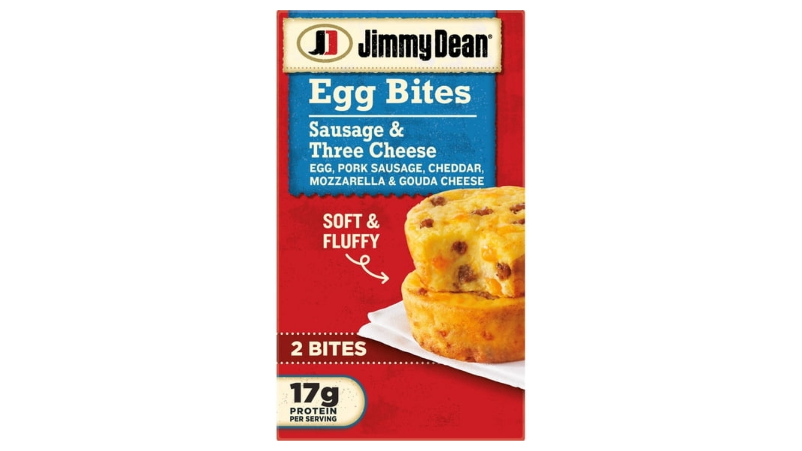 Jimmy Dean Sausage and Three Cheese Egg Bites red package containing two bites