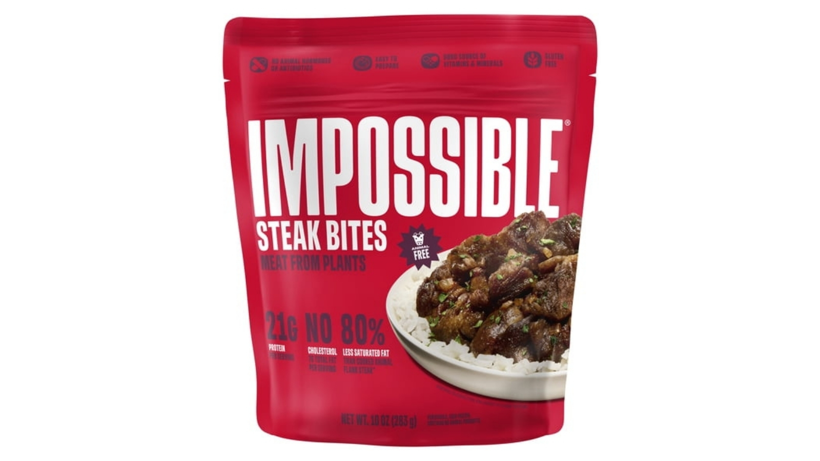 Red 10-ounce Impossible Steak Bites bag showing plant-based steak pieces over rice