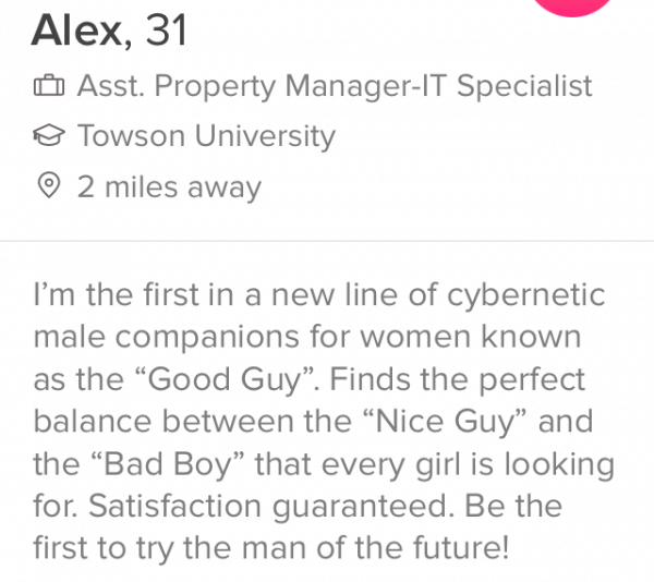 Good guy example of funny Tinder bio for guys example about spiders.