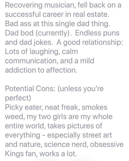 Dad bod example of funny Tinder bio for guys example about spiders.