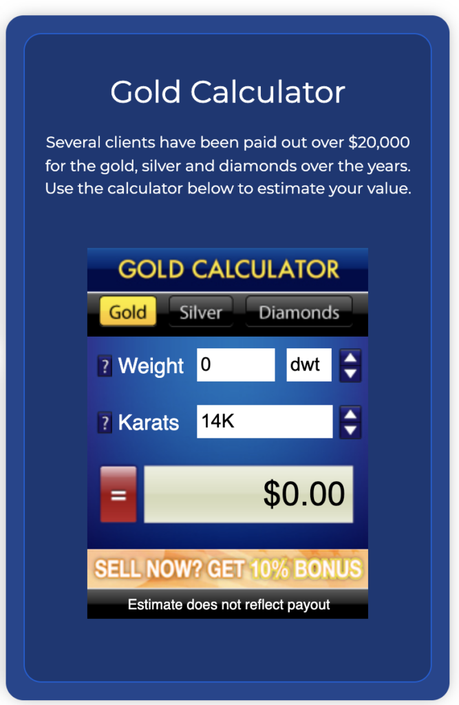 Gold calculator to estimate resale value of gold jewelry and scrap in ounce or gram.