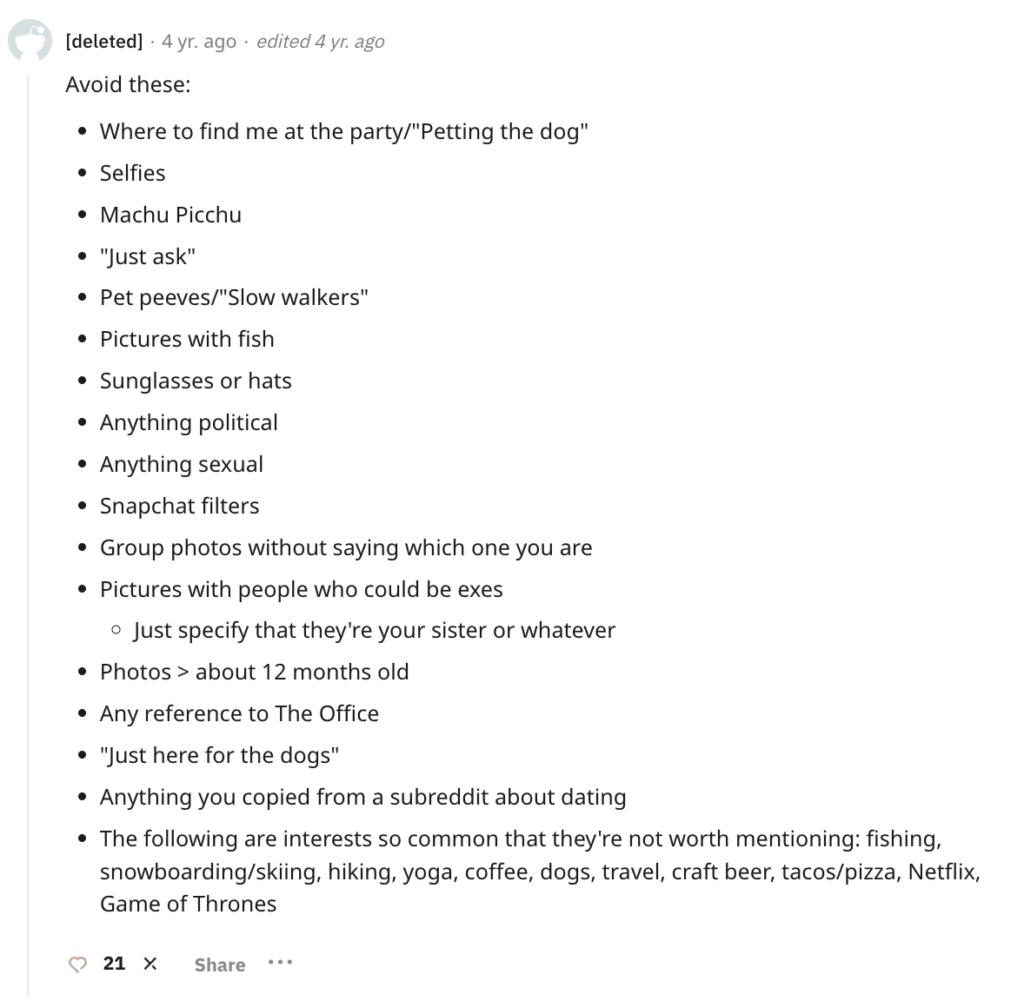 Advice for what not to say from Reddit on dating profile headlines for Hinge.
