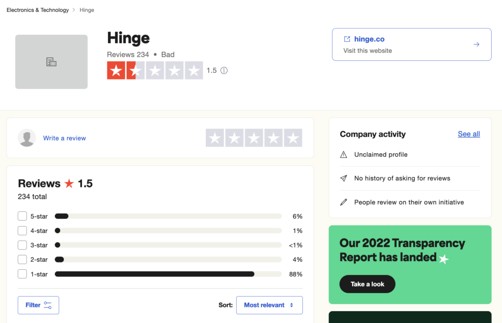 Hinge review rating from Trustpilot.