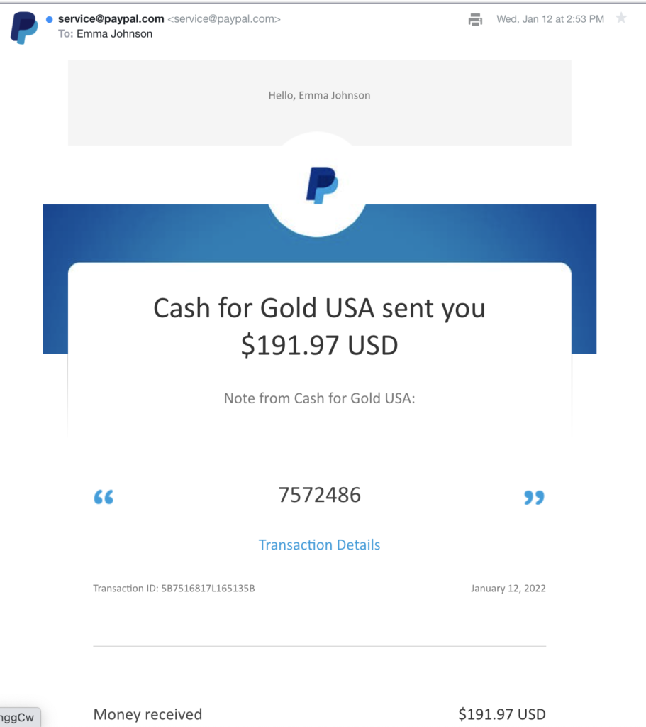 Screenshot of CashforGoldUSA offer for selling gold.