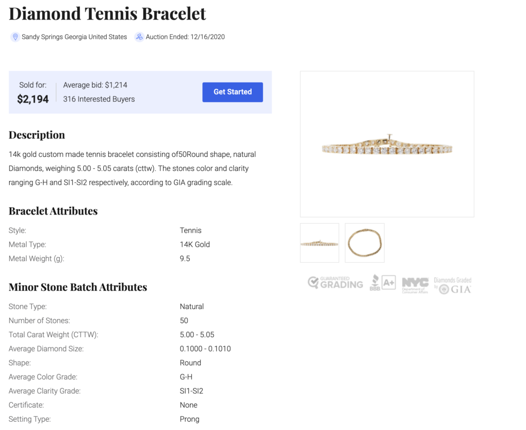 Recent sale of a 5 carat diamond tennis bracelet set in 14K yellow gold. 