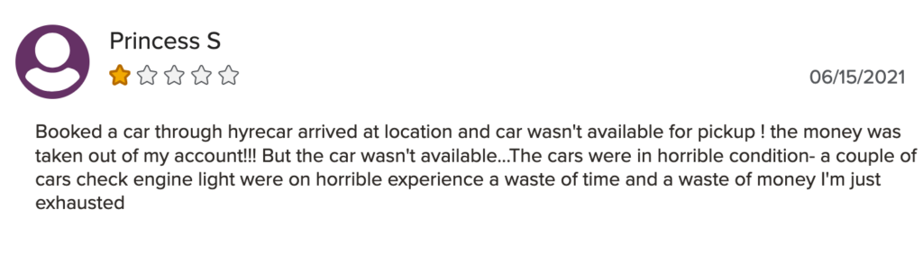1-star HyreCar review posted on BBB.