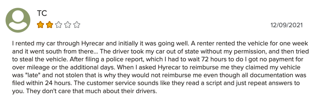 2-star HyreCar review posted on BBB.