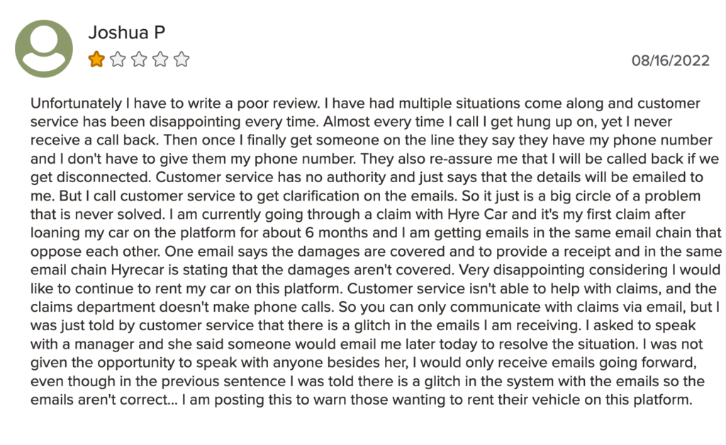 1-star HyreCar review on BBB.