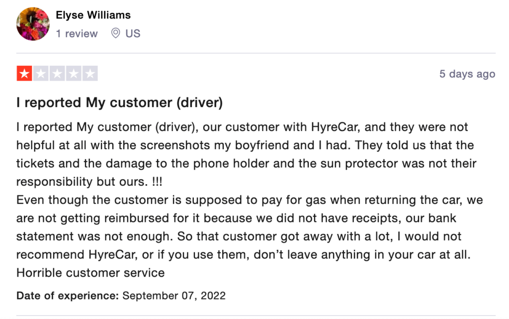 1-star HyreCar review about reporting driver shared on Trustpilot.
