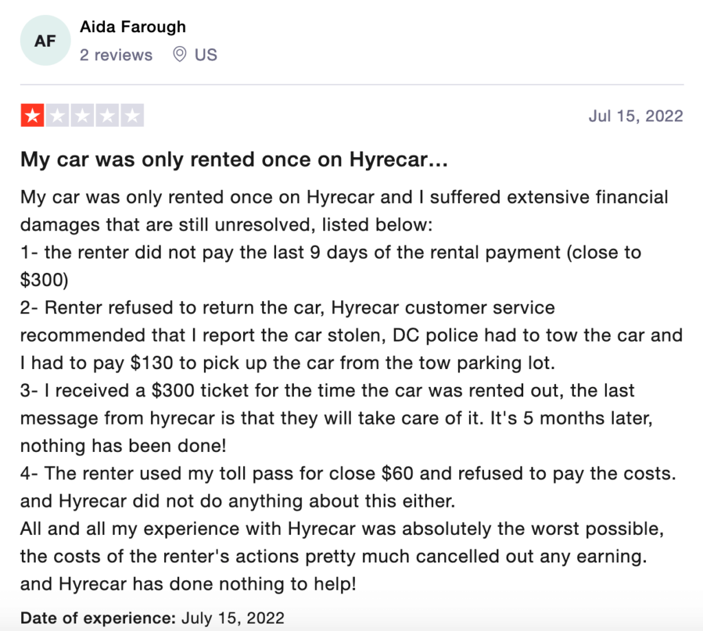 1-star HyreCar review from renter posted on Trustpilot.