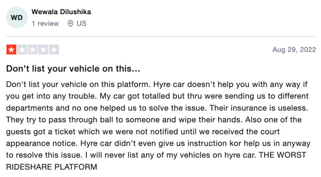 1-star HyreCar review on Trustpilot.