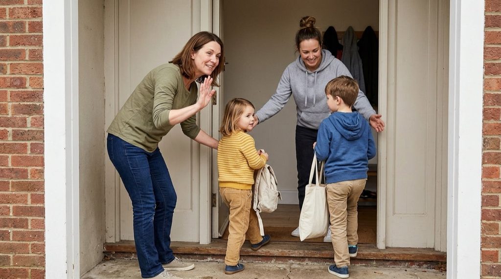 A mother waving goodbye as her children go into a neighbor's home for childcare