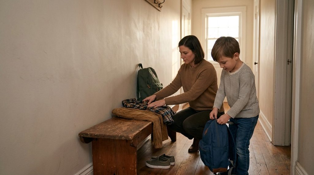 A mother and son laying out school clothes and backpacks on a hallway bench