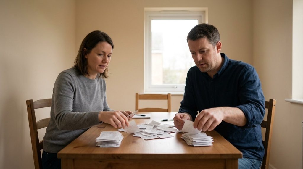 Separated parents sorting receipts into two stacks at a kitchen table