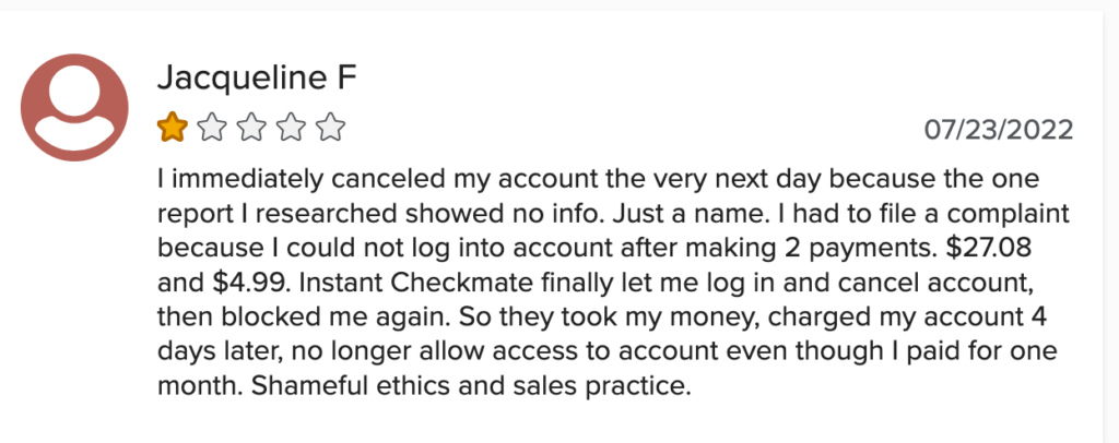 1-star negative Instant Checkmate review.
