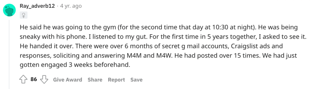 Reddit signs of a cheating boyfriend about going to the gym.
