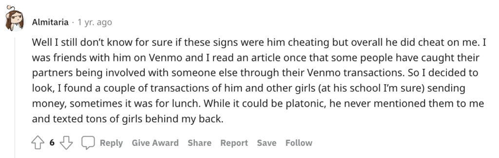 Reddit signs of a cheating boyfriend about Venmo.
