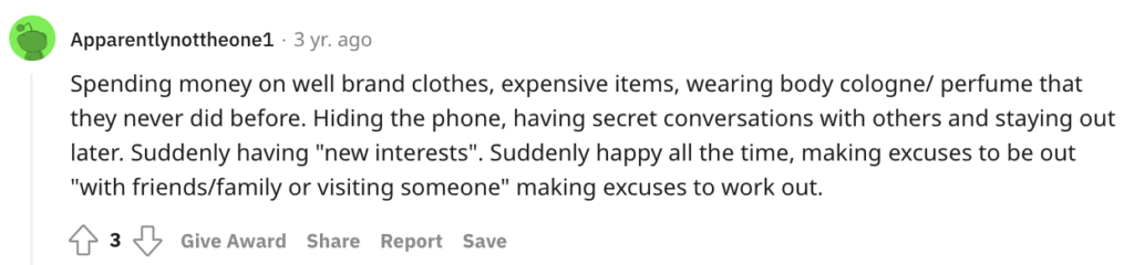 Reddit signs of a cheating boyfriend about spending money on clothes.