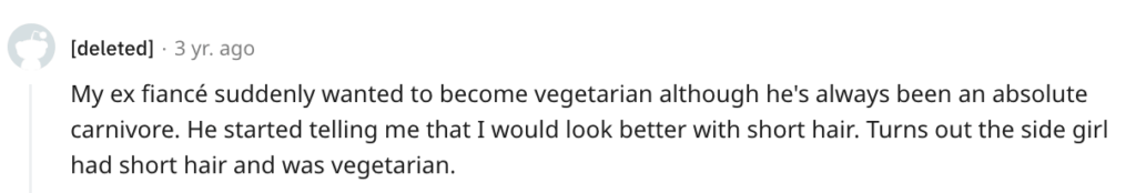 Reddit signs of a cheating boyfriend about becoming vegetarian.