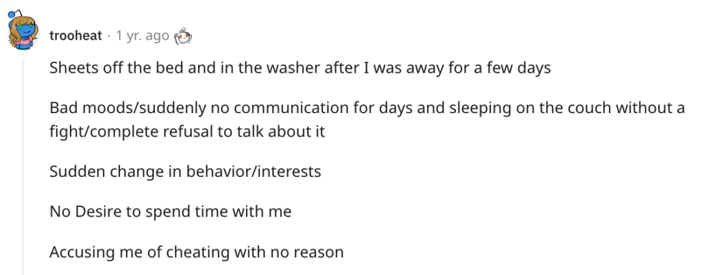 Reddit signs of a cheating boyfriend about washing sheets.