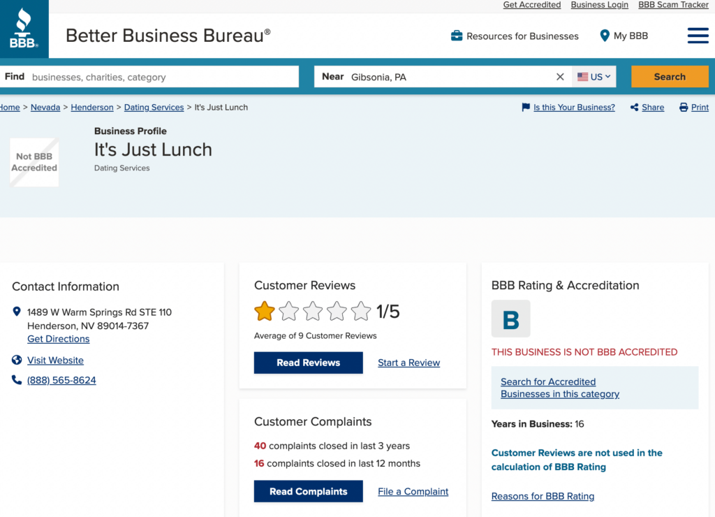 It's Just Lunch review from the Better Business Bureau.