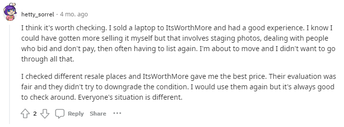 Reddit user shares a positive experience selling electronic on ItsWorthMore.