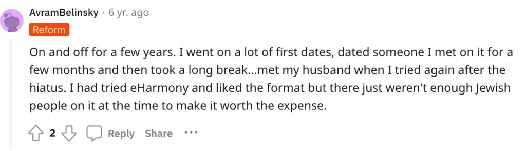 Reddit review for eharmony, an alternative to Jewish dating sites.